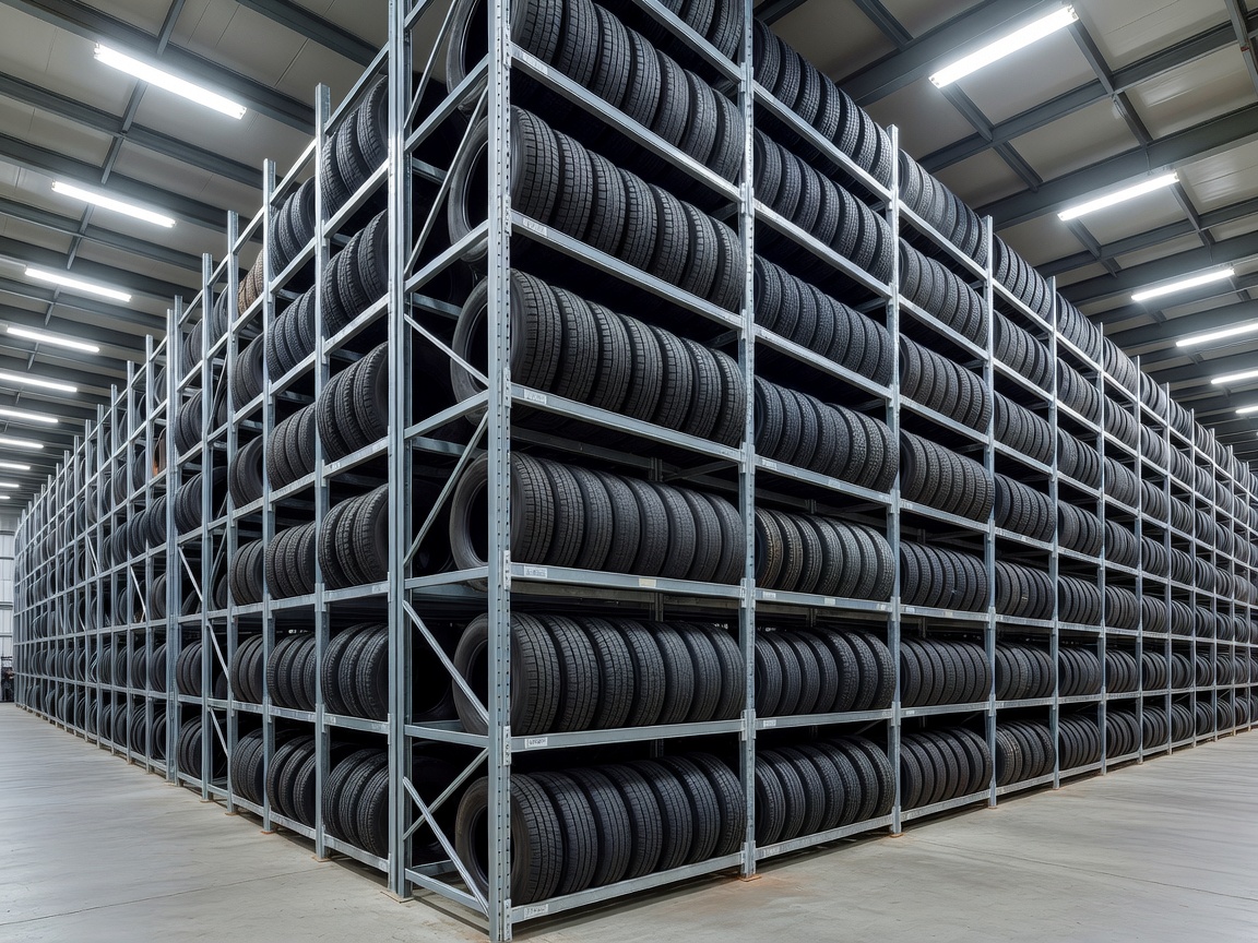 Organized tire storage racks in a warehouse