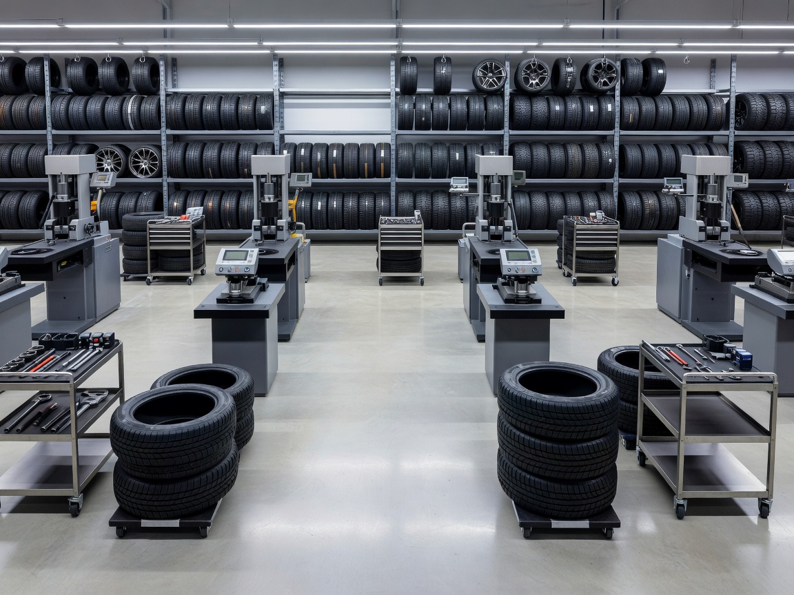 Organized workshop bays prepared for tire service